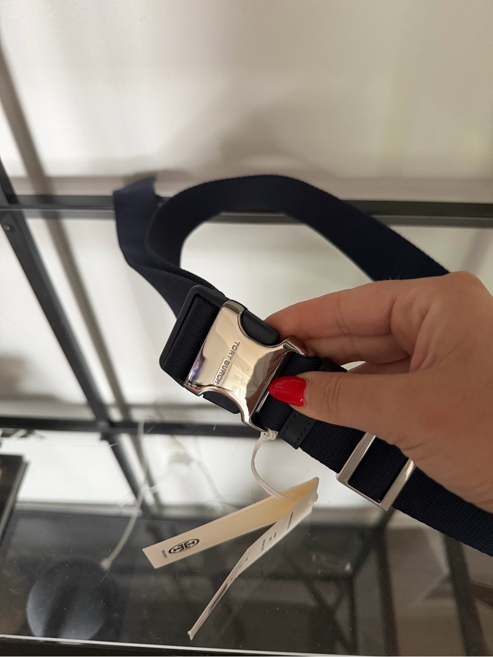 Tory Burch Navy Webbing Belt with Silver Buckle